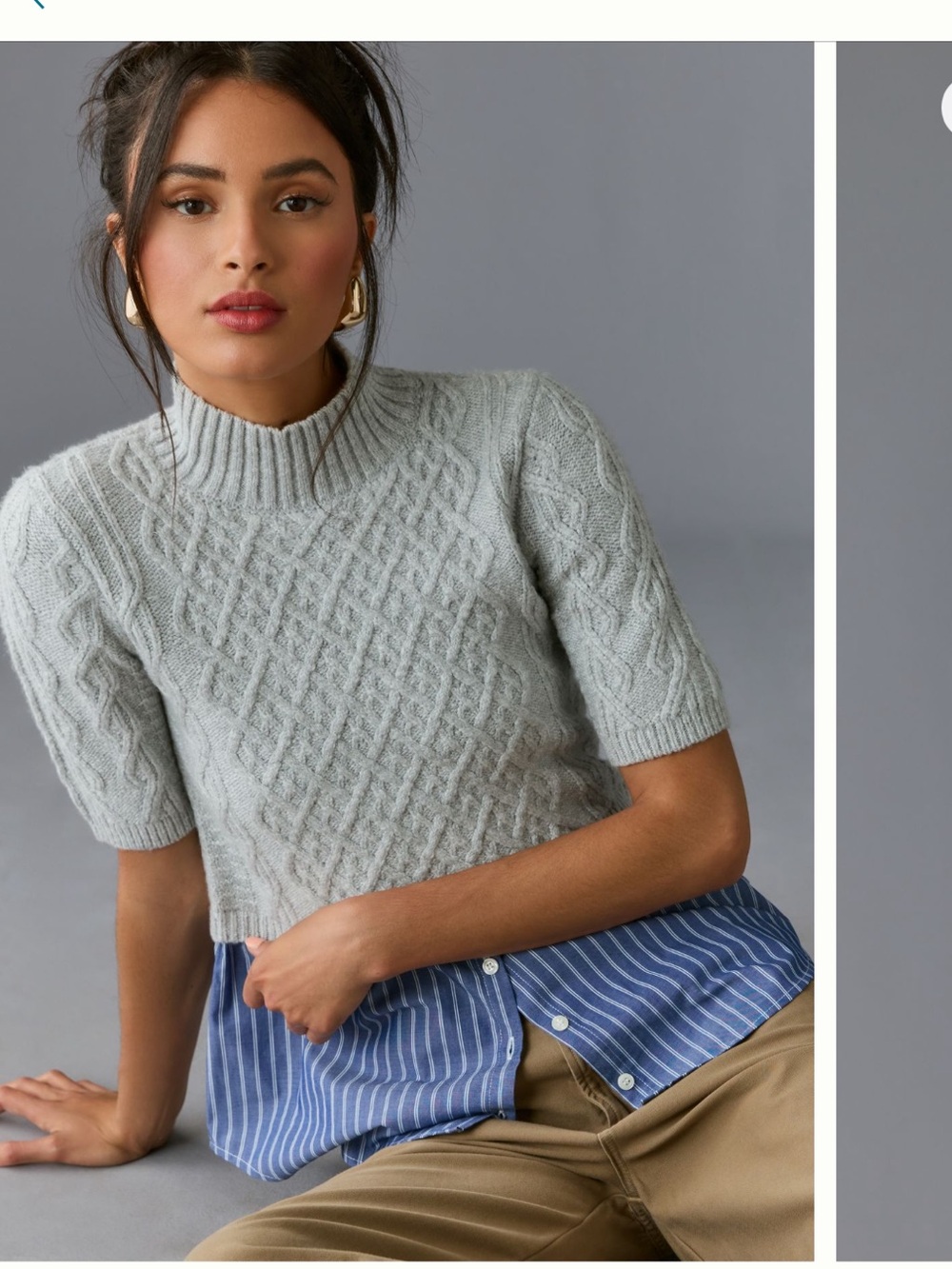 Maeve Light Gray Short‑Sleeve Cable Knit Sweater